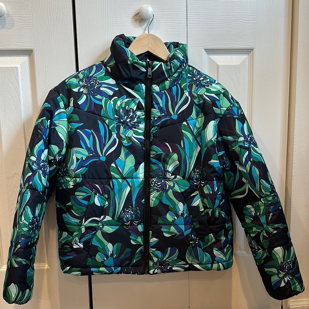 Badgley Mischka Vintage Print Floral Puffer Jacket - Floral Blue and Green